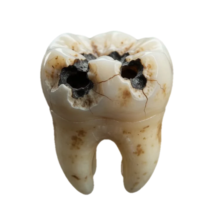 Molar con caries que se restaura con el scroll hasta quedar sano y brillante